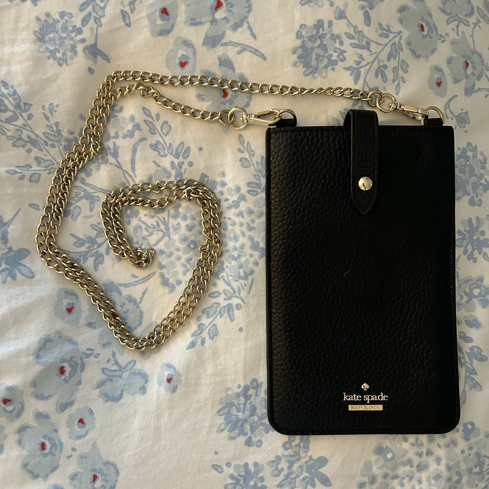 Kate Spade Black Leather Phone Bag with Gold Chain
